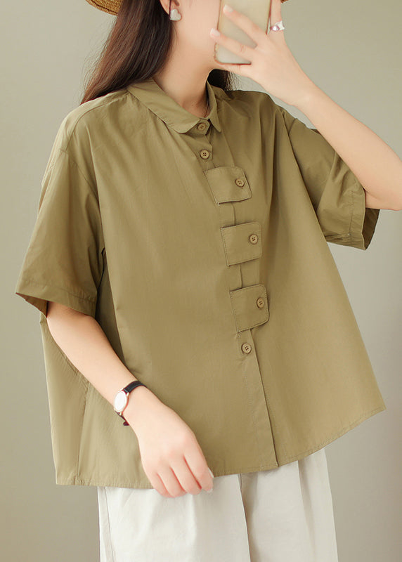 French Khaki Peter Pan Collar Button Cotton Blouses Summer