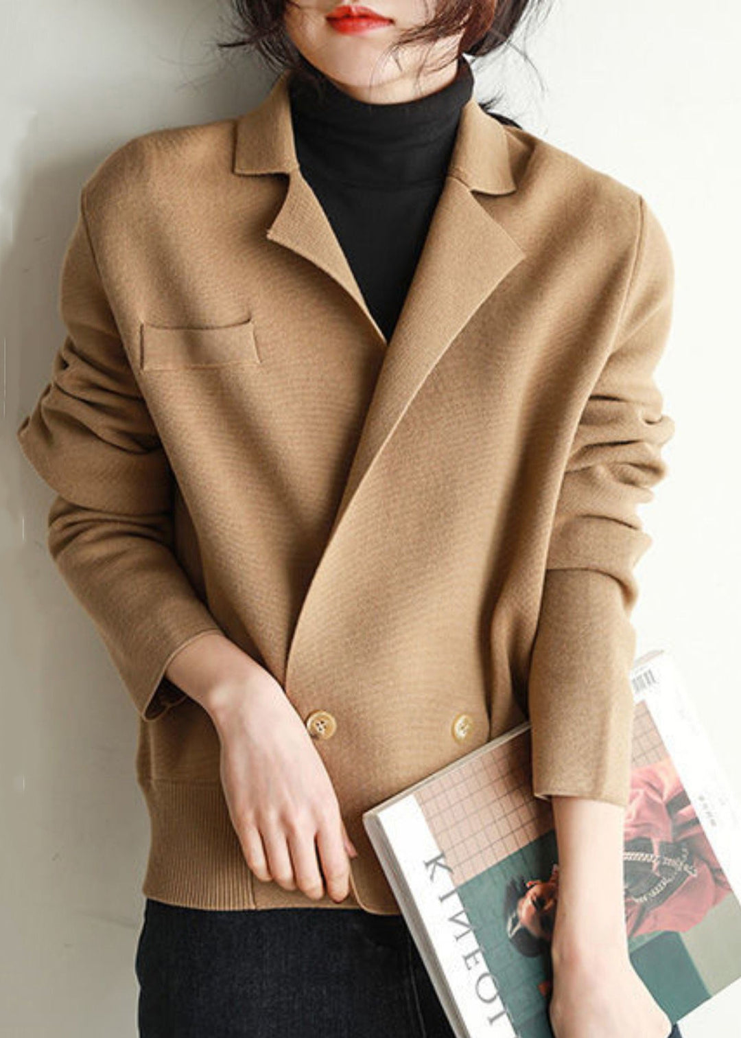 French Khaki Peter Pan Collar Button Patchwork Knit Coats Fall