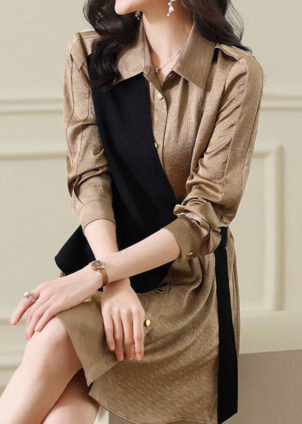 French Khaki Peter Pan Collar Patchwork Cotton Shirts Dress Spring