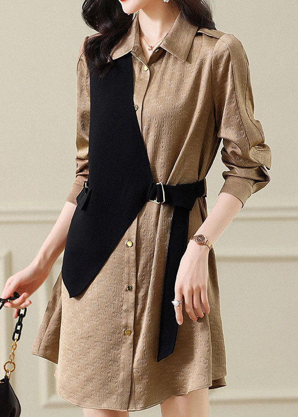 French Khaki Peter Pan Collar Patchwork Cotton Shirts Dress Spring