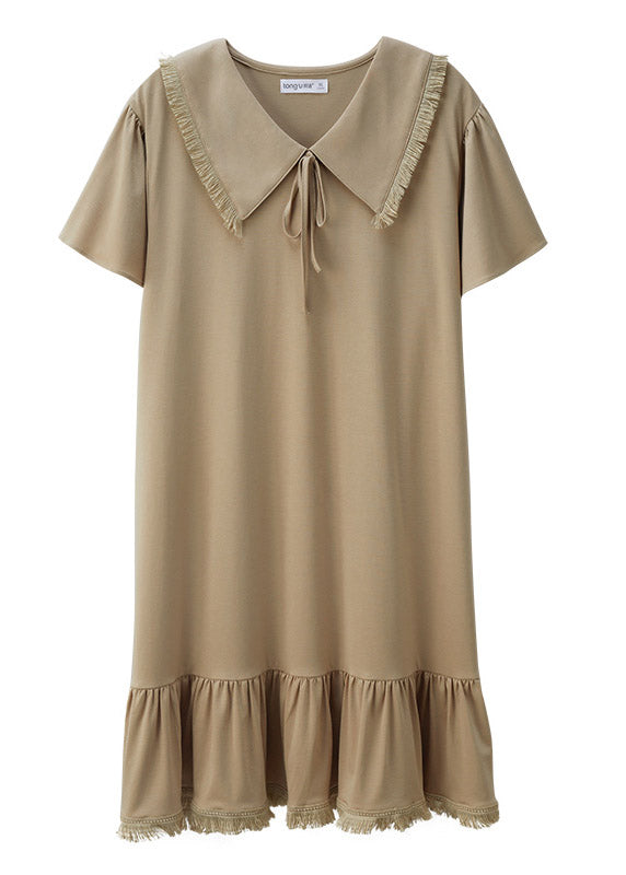 French Khaki Peter Pan Collar Patchwork Solid Cotton Long Dress Short Sleeve