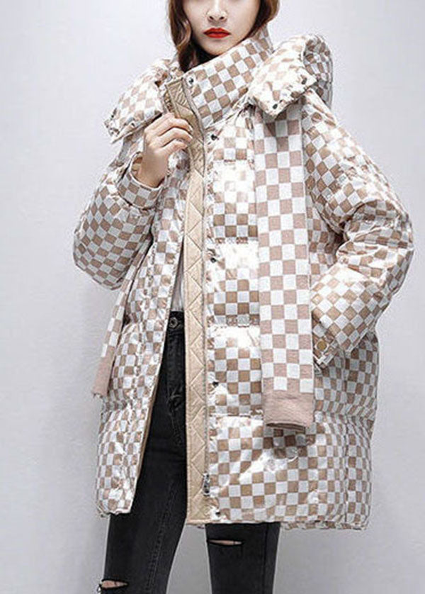 French Khaki Plaid Hooded Thick Duck Down Down Jacket Winter