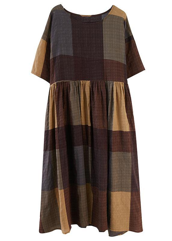 French Khaki Plaid Patchwork Summer Casual Half Sleeve Holiday Dress - Omychic