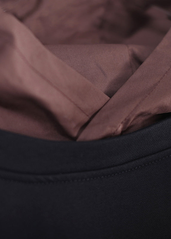 French Khaki Pockets Patchwork Tie Waist Low High Design Hooded Sweatshirt Long Sleeve