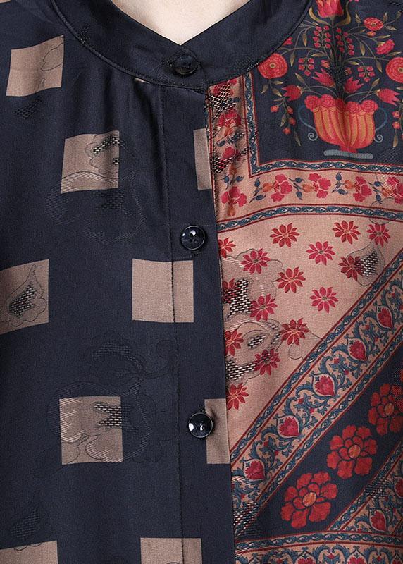 French Khaki Stand Collar Print retro Summer Chiffon Cardigan - Omychic