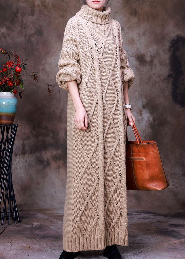 French Khaki Turtle Neck Hollow Out Knit Winter Sweater dress - Omychic