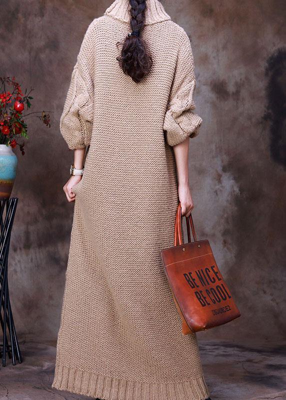 French Khaki Turtle Neck Hollow Out Knit Winter Sweater dress - Omychic