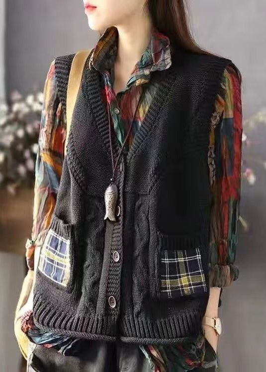 French Khaki V Neck Button Pockets Cotton Knit Waistcoat Sleeveless