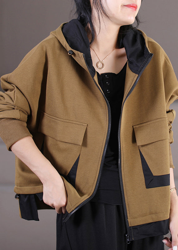 French Khaki Zippered Patchwork Drawstring Cotton Hooded Coat Long Sleeve
