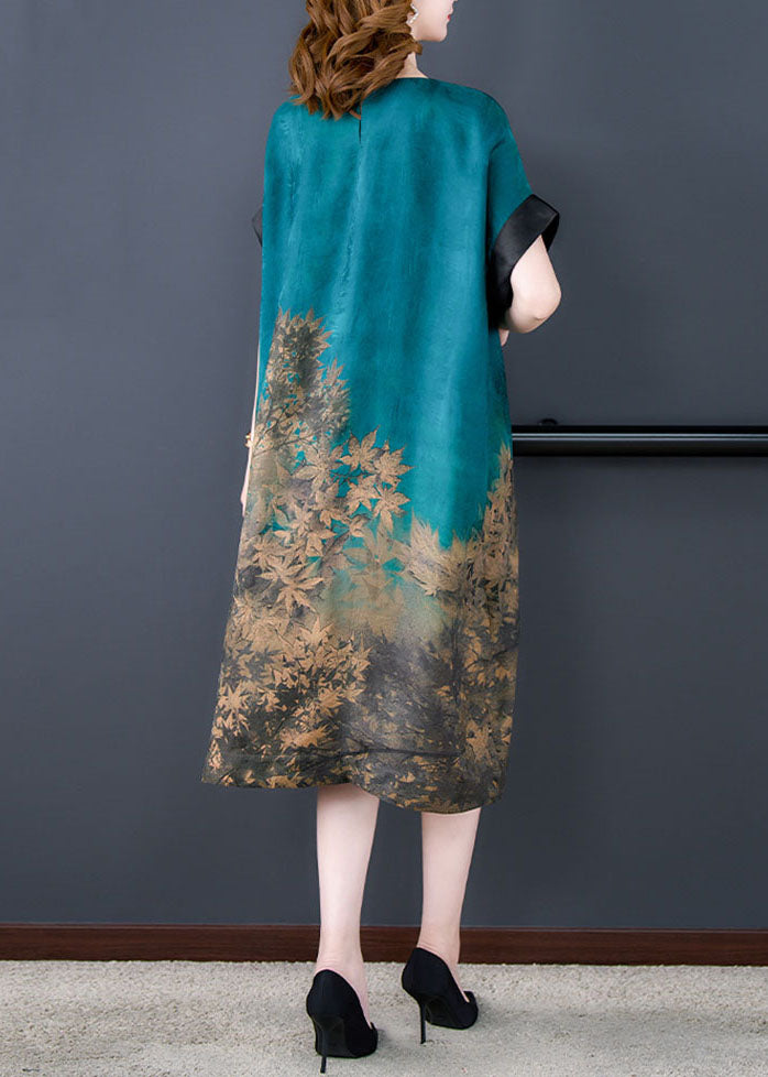French Lake Blue O Neck Print Patchwork Silk Dress Summer