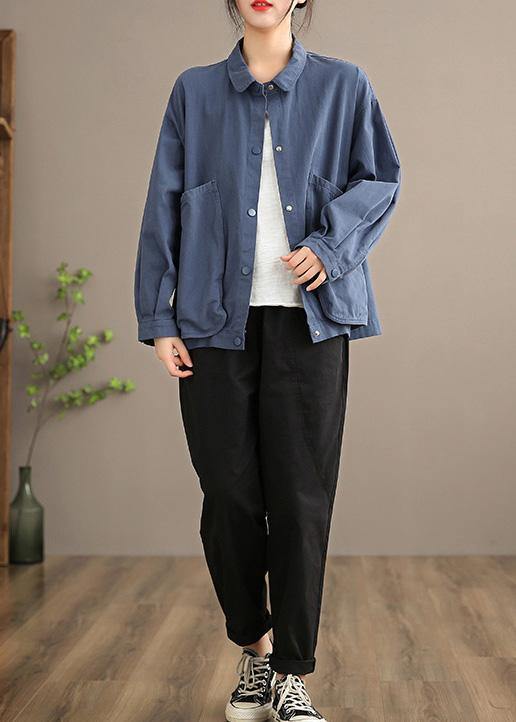 French Lapel Large Pockets Spring Clothes Wardrobes Blue Shirt - Omychic