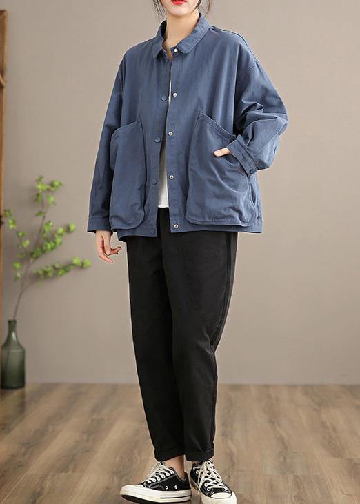 French Lapel Large Pockets Spring Clothes Wardrobes Blue Shirt - Omychic
