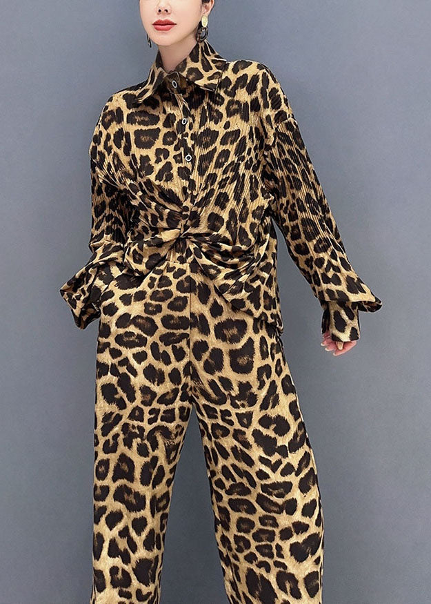 French Leopard Print Peter Pan Collar Shirts And Pants Two Piece Set Long Sleeve