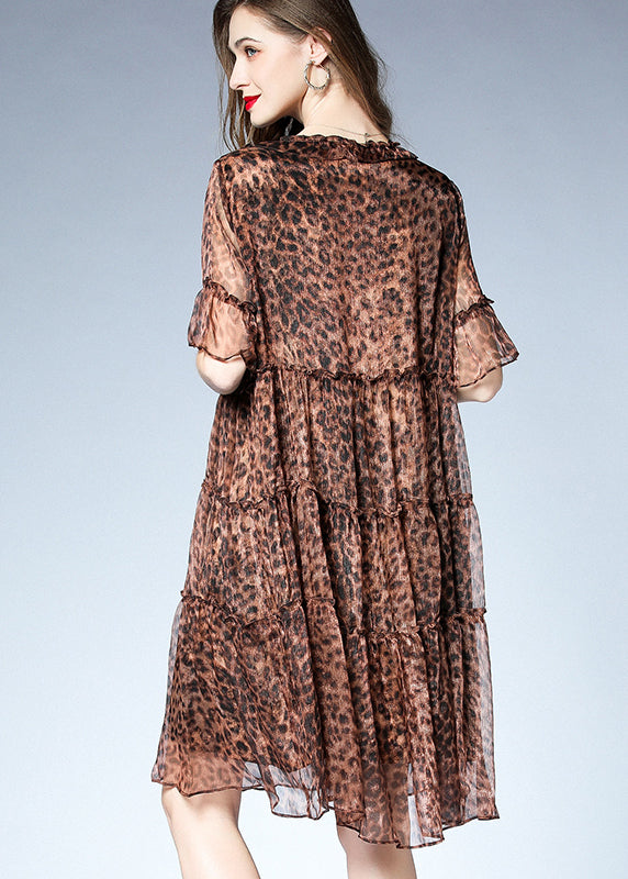 French Leopard Ruffled Patchwork Chiffon Mid Dress Summer