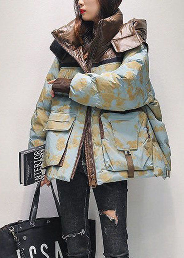 French Light Blue Hooded Patchwork Camouflage Duck Down Down Coat Winter