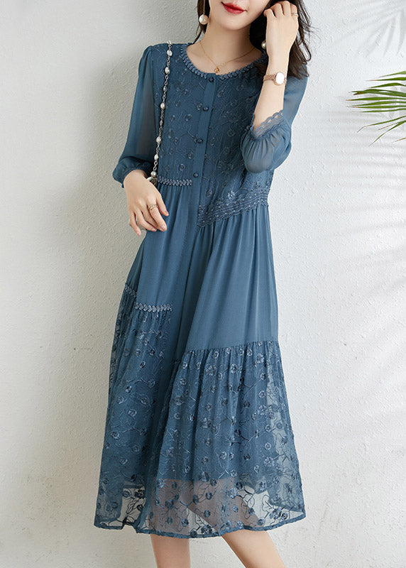 French Light Blue O-Neck Asymmetrical Tulle Patchwork Chiffon Vacation Dress - Omychic