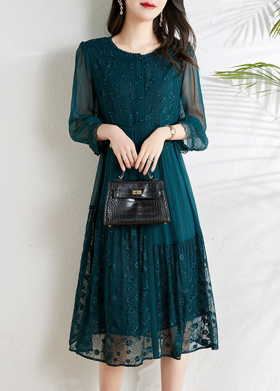 French Light Blue O-Neck Asymmetrical Tulle Patchwork Chiffon Vacation Dress - Omychic