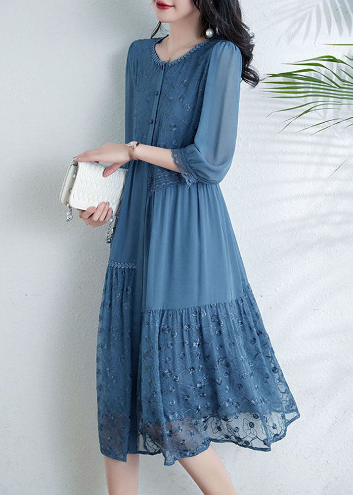French Light Blue O-Neck Asymmetrical Tulle Patchwork Chiffon Vacation Dress - Omychic