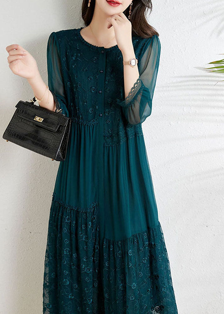 French Light Blue O-Neck Asymmetrical Tulle Patchwork Chiffon Vacation Dress - Omychic