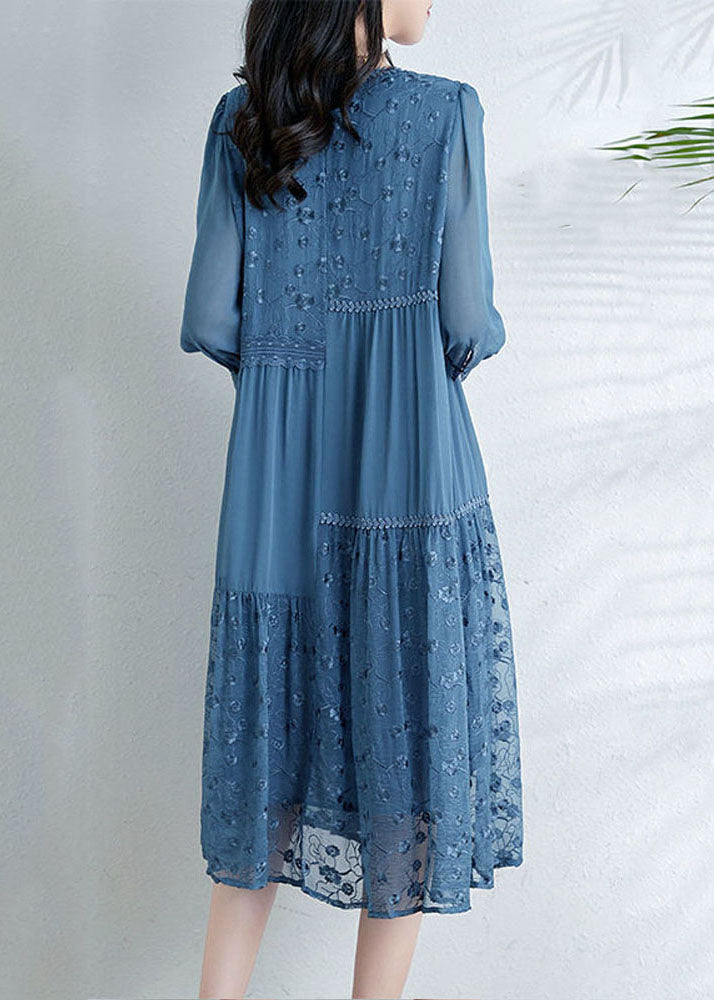 French Light Blue O-Neck Asymmetrical Tulle Patchwork Chiffon Vacation Dress
