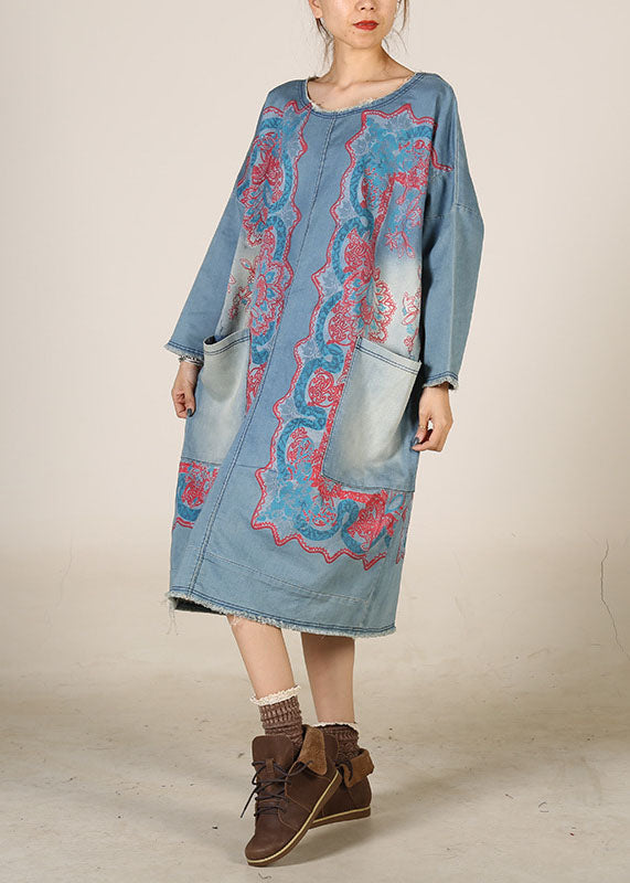 French Light Blue O Neck Pockets Patchwork Print Denim Dresses Spring