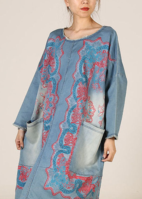 French Light Blue O Neck Pockets Patchwork Print Denim Dresses Spring