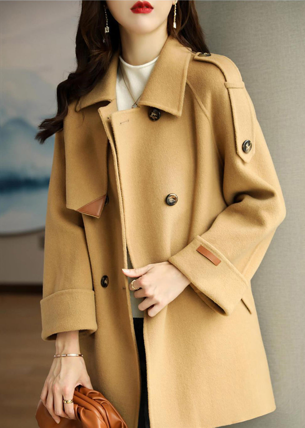 French Light Camel Peter Pan Collar Double Breast Woolen Coats Fall