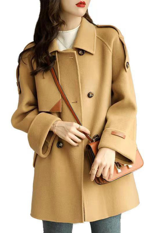 French Light Camel Peter Pan Collar Double Breast Woolen Coats Fall