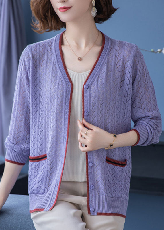French Light Camel V Neck Pockets Hollow Out Patchwork Thin Knit Cardigan Fall