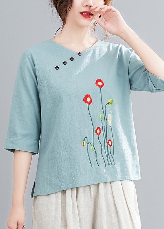 French Light Green Embroideried O-Neck Cotton Linen Top Summer - Omychic