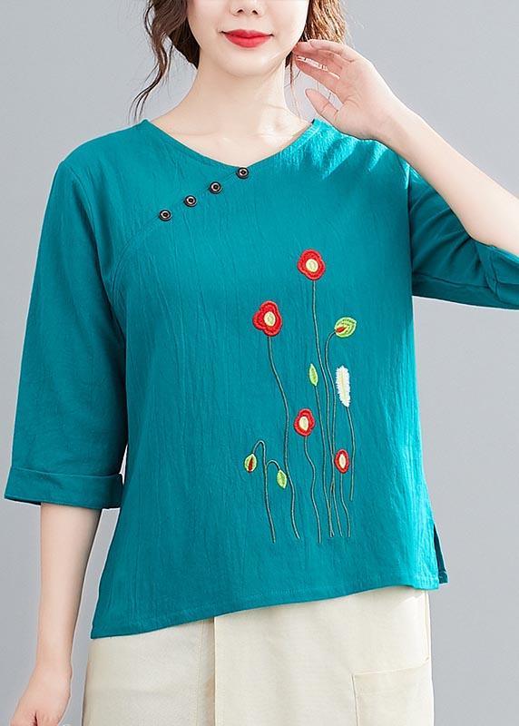 French Light Green Embroideried O-Neck Cotton Linen Top Summer - Omychic