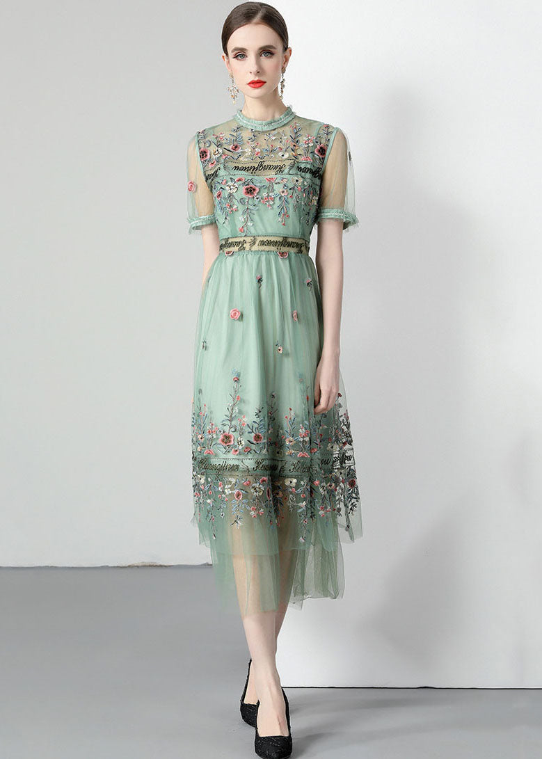 French Light Green Ruffled Embroidered Wrinkled Tulle Dress Summer