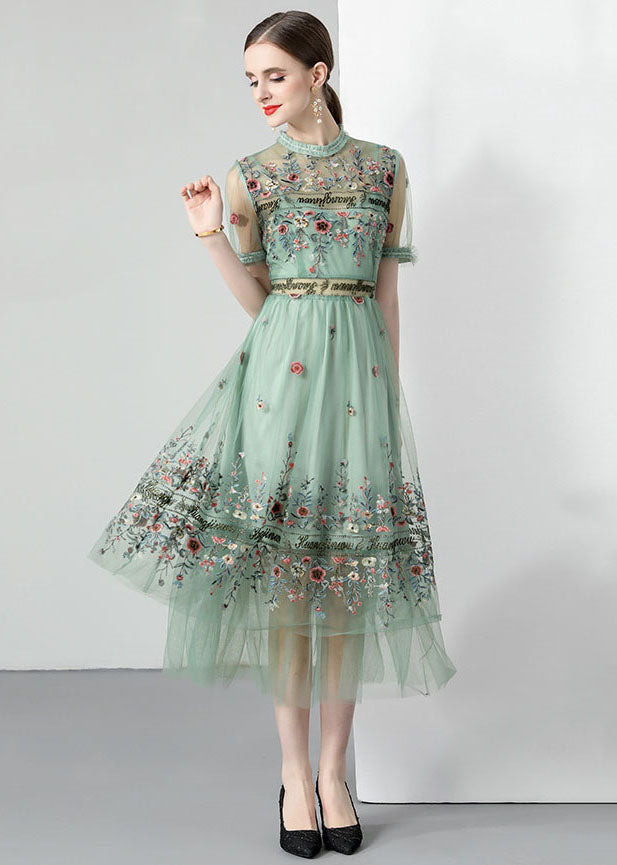 French Light Green Ruffled Embroidered Wrinkled Tulle Dress Summer