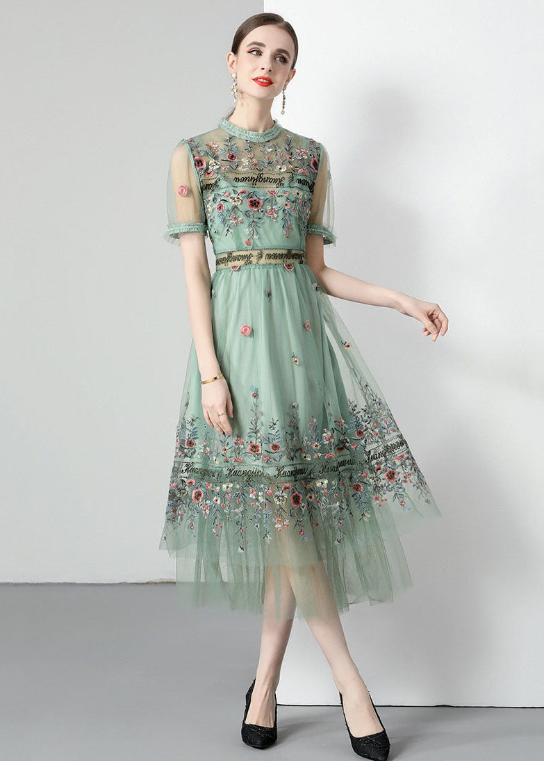 French Light Green Ruffled Embroidered Wrinkled Tulle Dress Summer