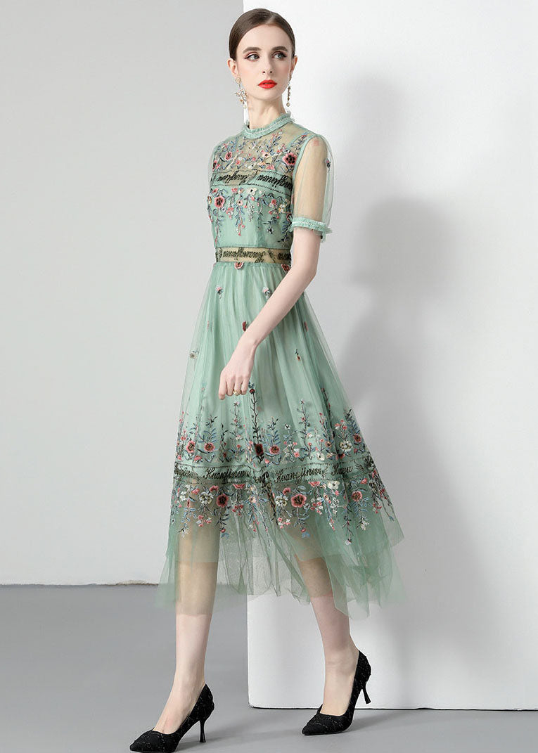 French Light Green Ruffled Embroidered Wrinkled Tulle Dress Summer