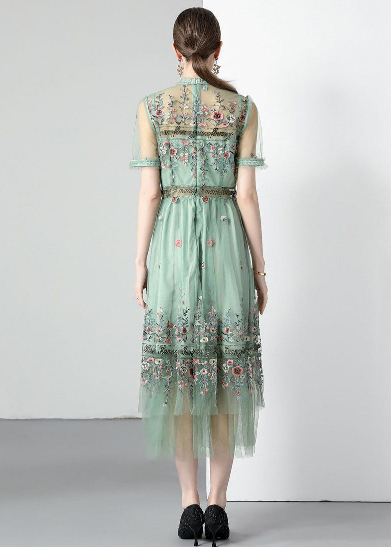 French Light Green Ruffled Embroidered Wrinkled Tulle Dress Summer