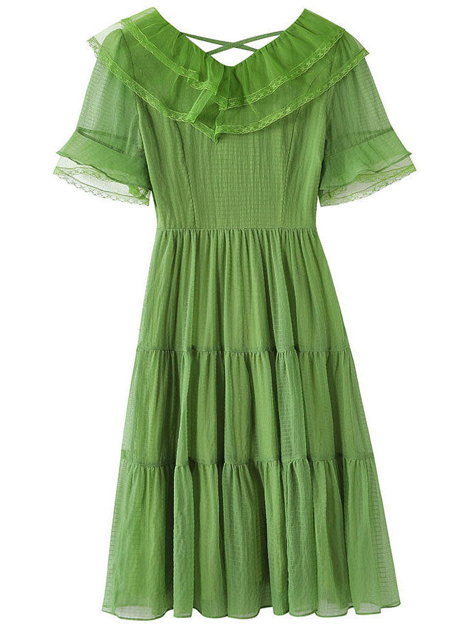 French Light Green V Neck Ruffled Patchwork Silk Dresses Summer