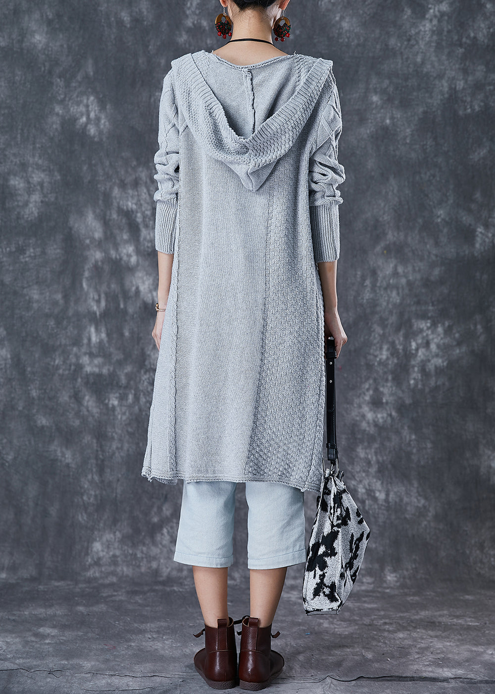 French Light Grey Hooded Cable Knit Loose Cardigan Fall