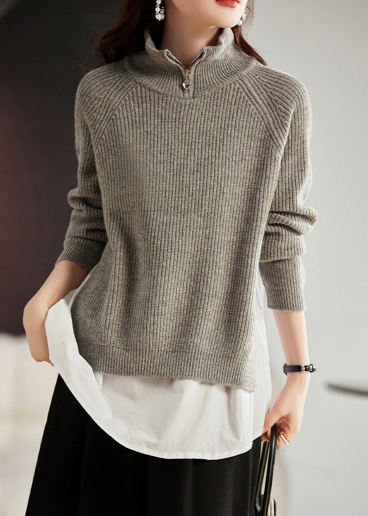 French Light Grey Side Open Patchwork Wool Sweaters Winter