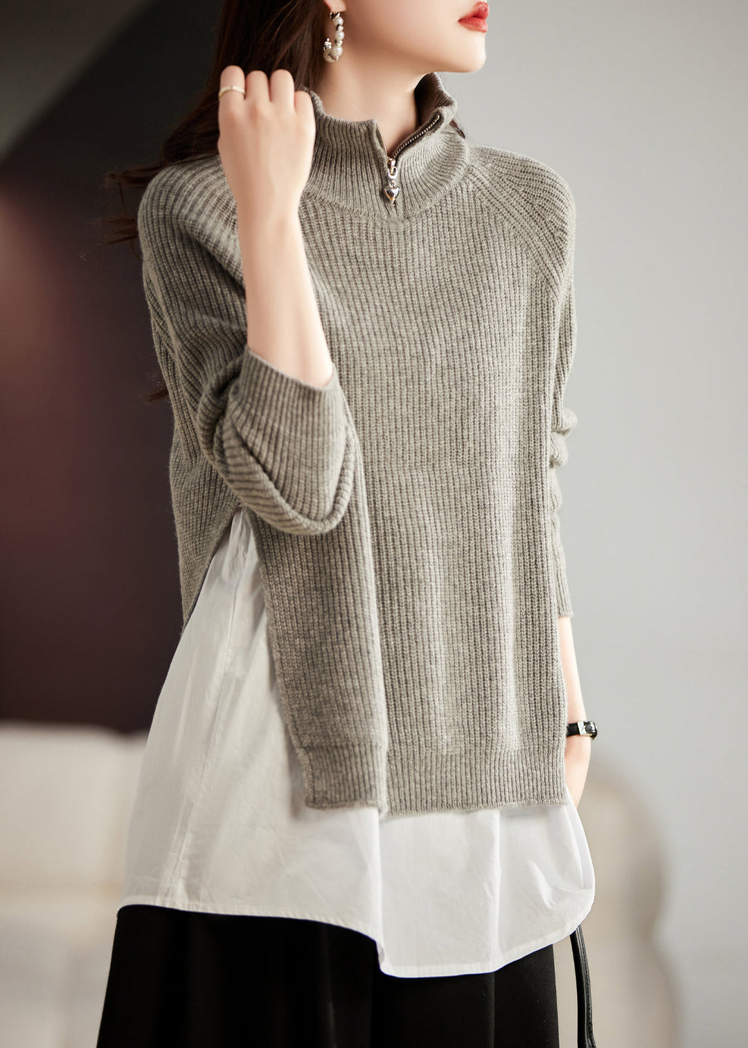 French Light Grey Side Open Patchwork Wool Sweaters Winter