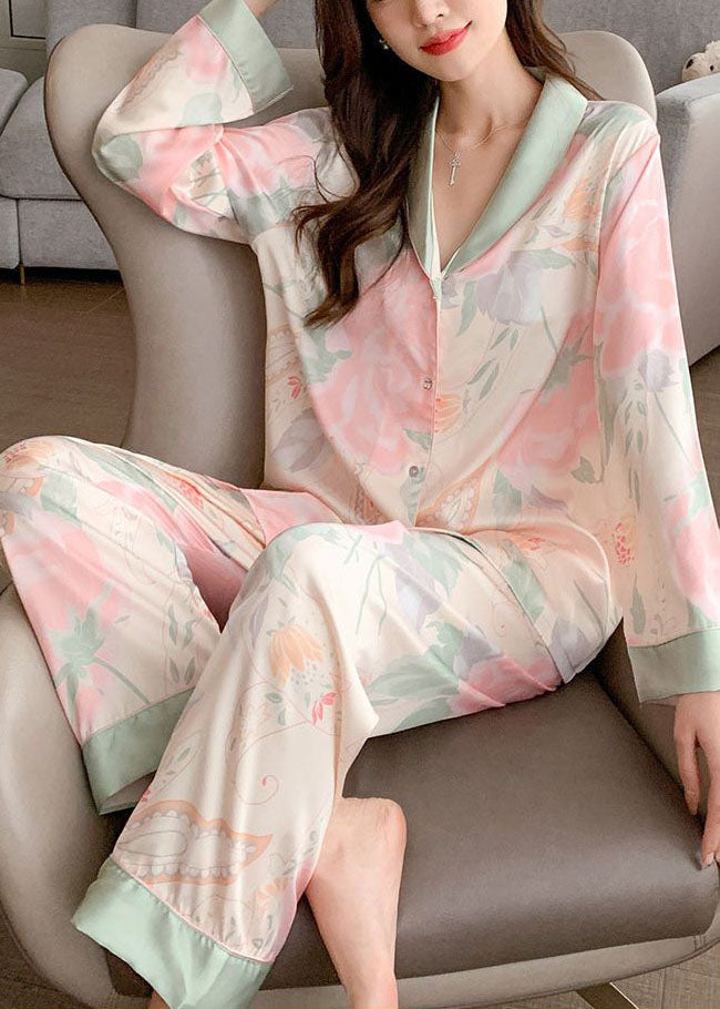French Light Pink V Neck Patchwork Print Ice Silk Pajamas Two Pieces Set Spring