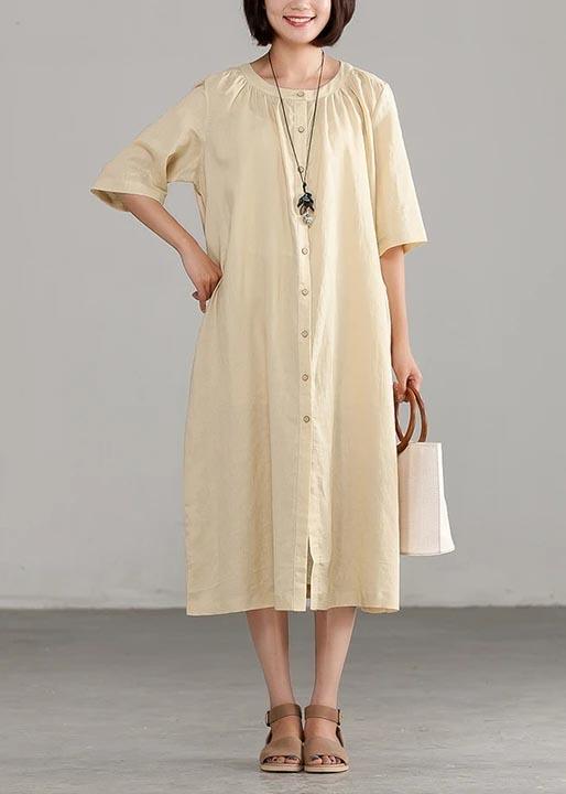 French Linen Dress Short Sleeve Round Neck Commuter Dress - Omychic