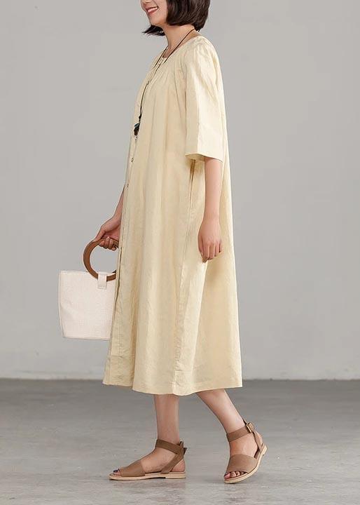 French Linen Dress Short Sleeve Round Neck Commuter Dress - Omychic