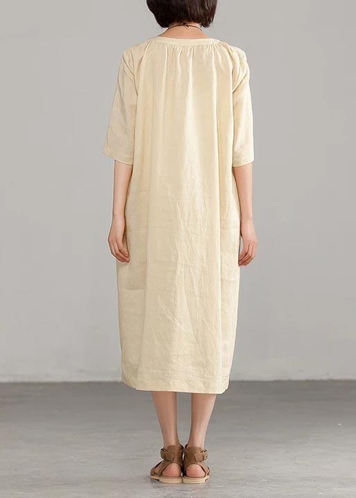 French Linen Dress Short Sleeve Round Neck Commuter Dress - Omychic
