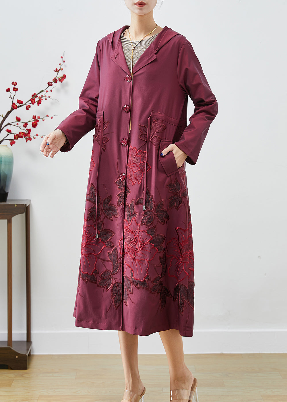 French Mulberry Embroideried Drawstring Spandex Coats Fall