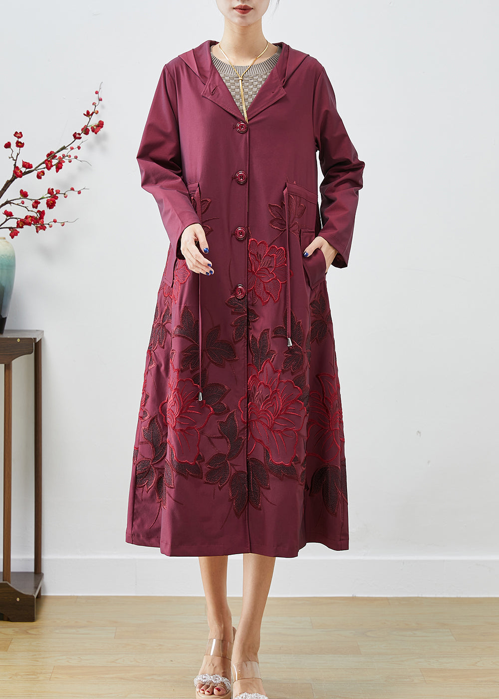 French Mulberry Embroideried Drawstring Spandex Coats Fall
