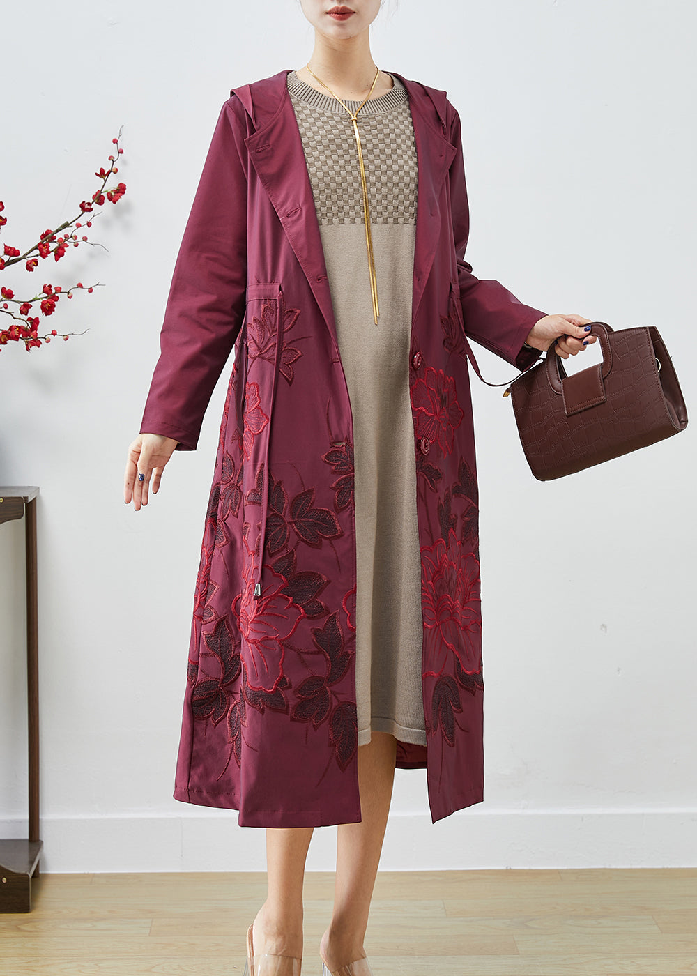 French Mulberry Embroideried Drawstring Spandex Coats Fall