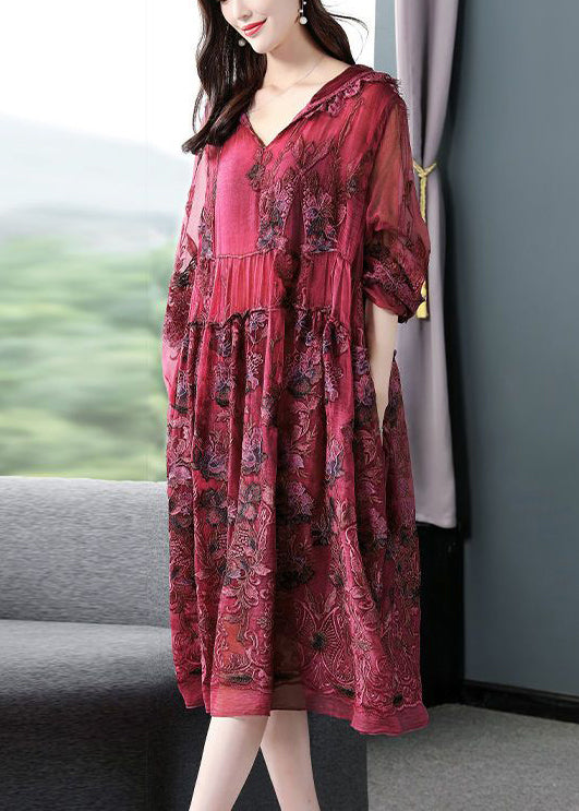French Mulberry Hooded Embroideried Patchwork Silk Long Dresses Spring