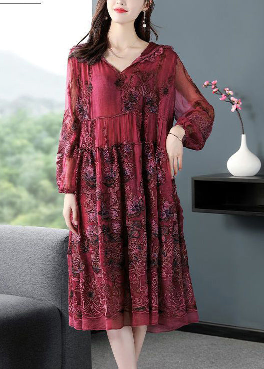 French Mulberry Hooded Embroideried Patchwork Silk Long Dresses Spring