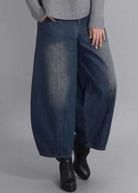 French Navy Button Pockets Casual lantern Fall Denim Pants - Omychic